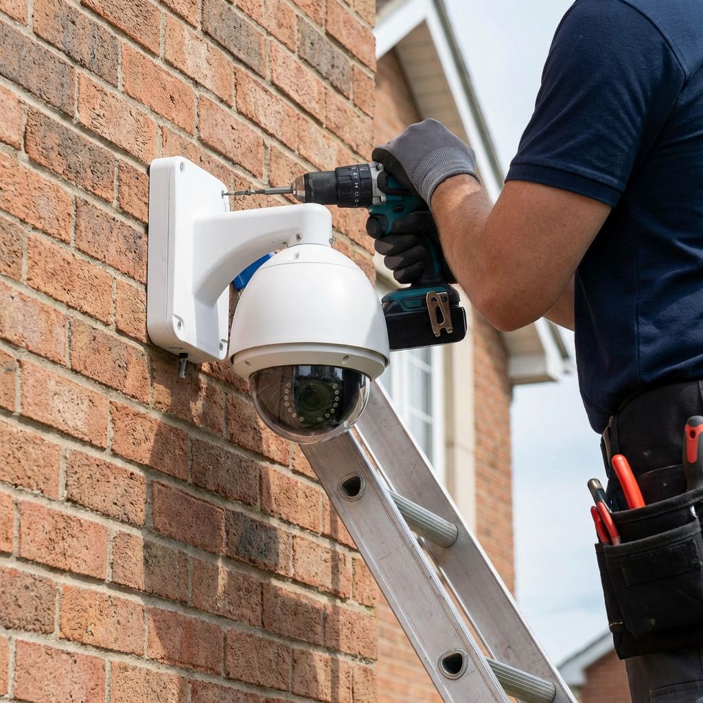 Security camera being mounted on exterior wall